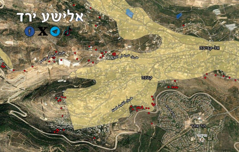 מפה של הכפרים, הבתים עם צווי ההריסה מסומנים במפה. (אלישע ירד ושמואל גזית)